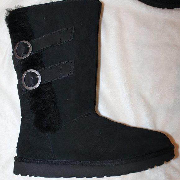 NIB UGG WOMEN'S TALL MOTO SUEDE SPILL SEAM SHEARLING BUCKLE BOOTS BLACK - Picture 8 of 8
